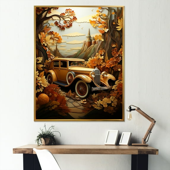 Designart "1930S Retro Car Sentiment Mosaic I" Car Vintage Floater Framed Wall Art Living Room