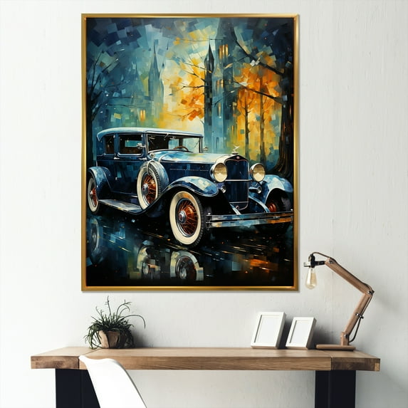 Designart "1930S Retro Car Sentiment Mosaic II" Car Vintage Floater Framed Canvas Wall Art