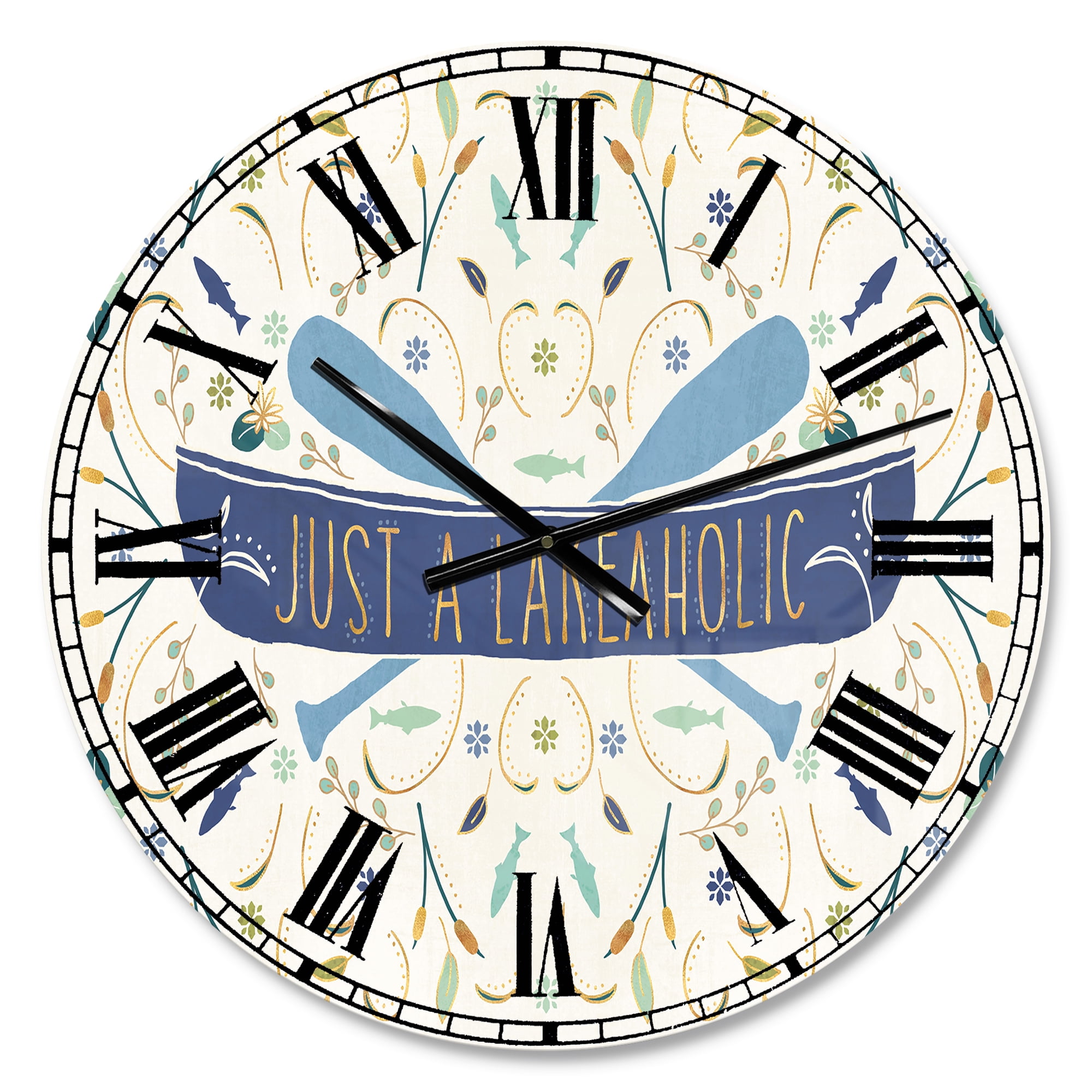 Designart 23" x 23" Gold Analog Round Lake House Wall Clocks, CLM30694-C23