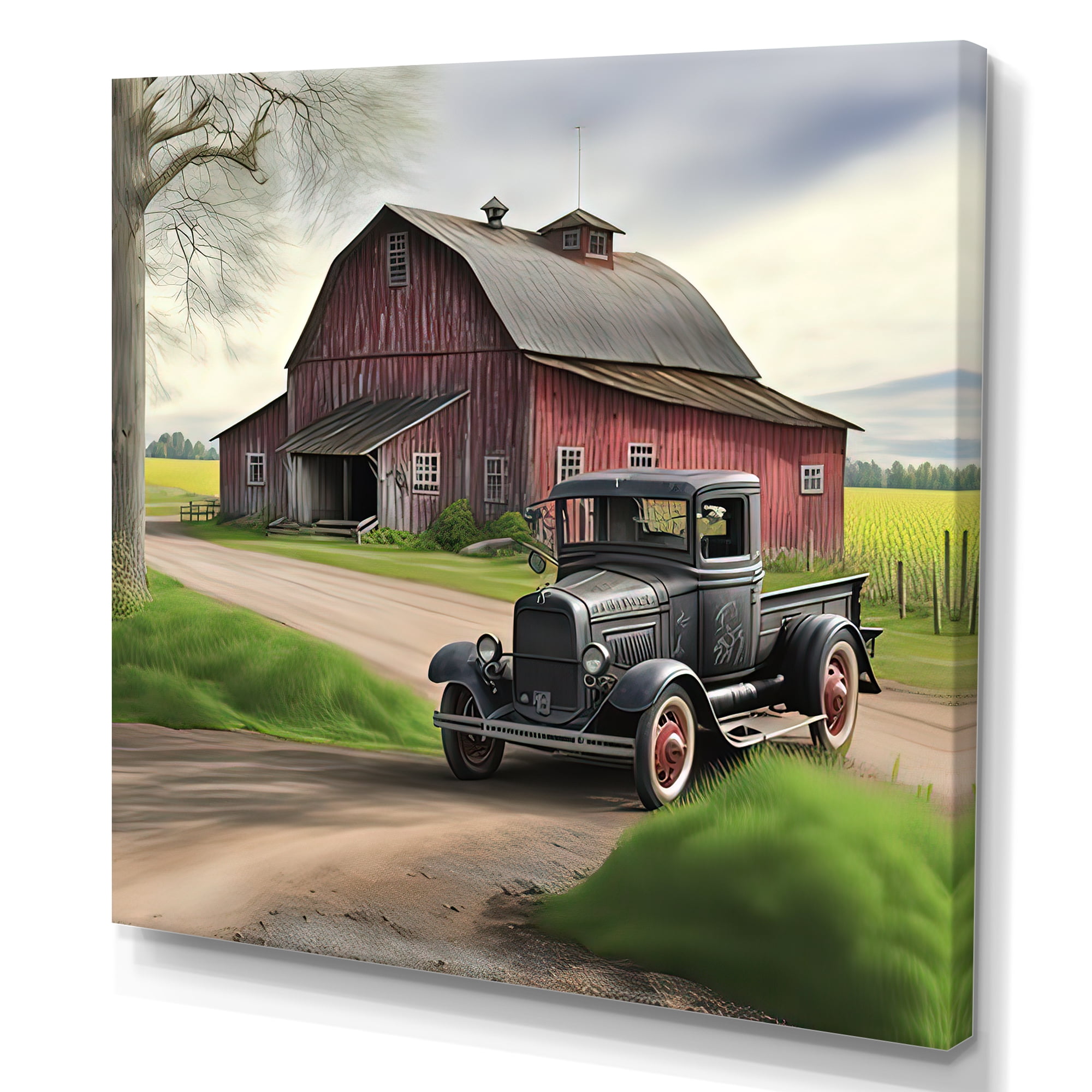 Designart 30S Ford Car In Barn III Canvas Wall Art