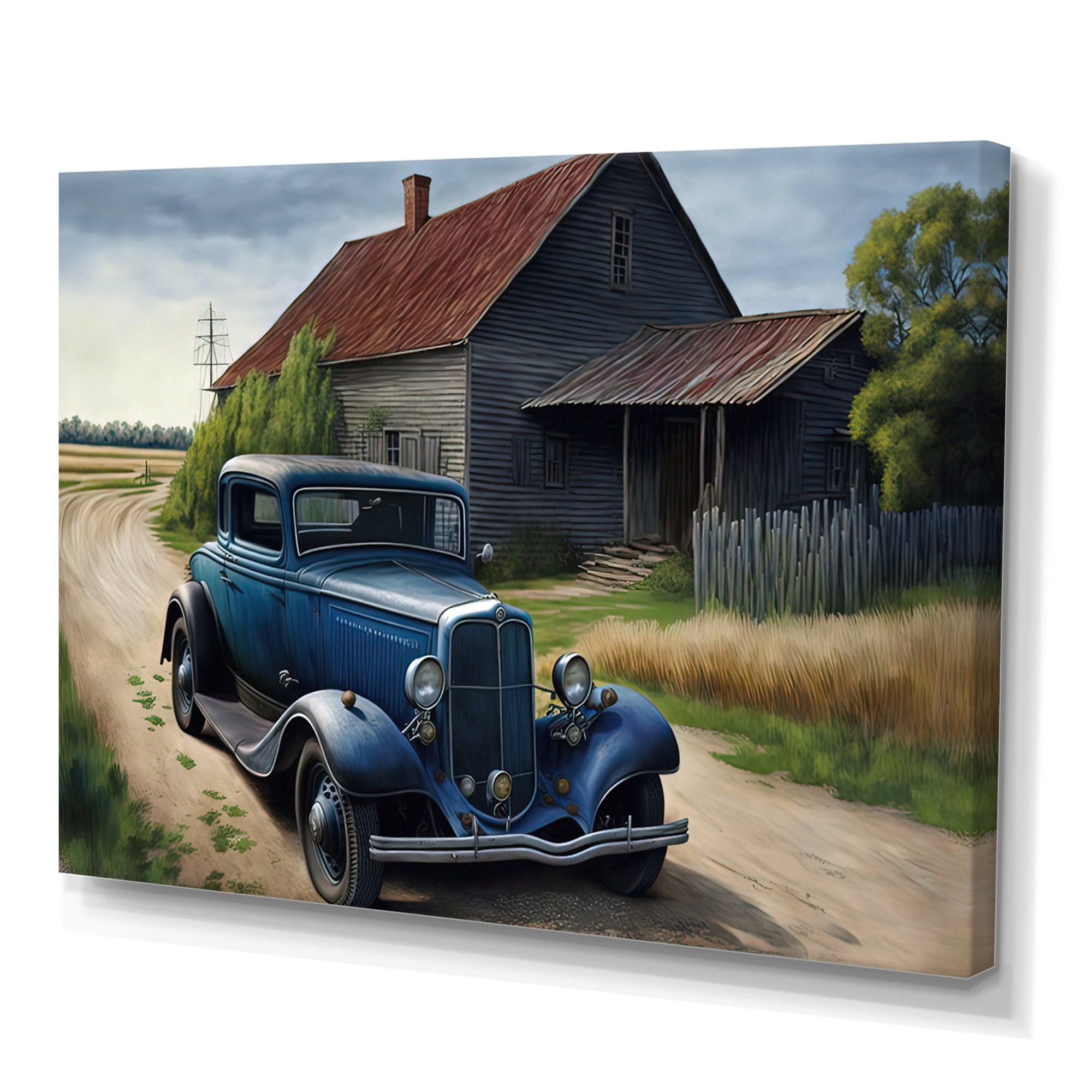 Designart 30S Ford Car In Barn IV Canvas Wall Art