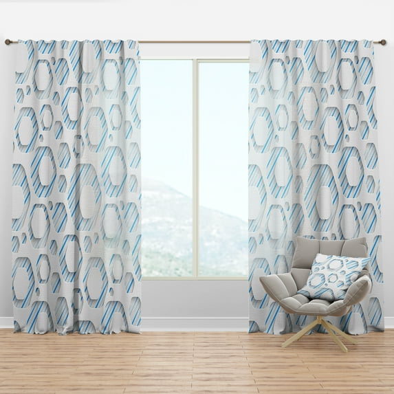 Designart '3D Blue And White Pattern V' Mid-Century Modern Curtain Panel