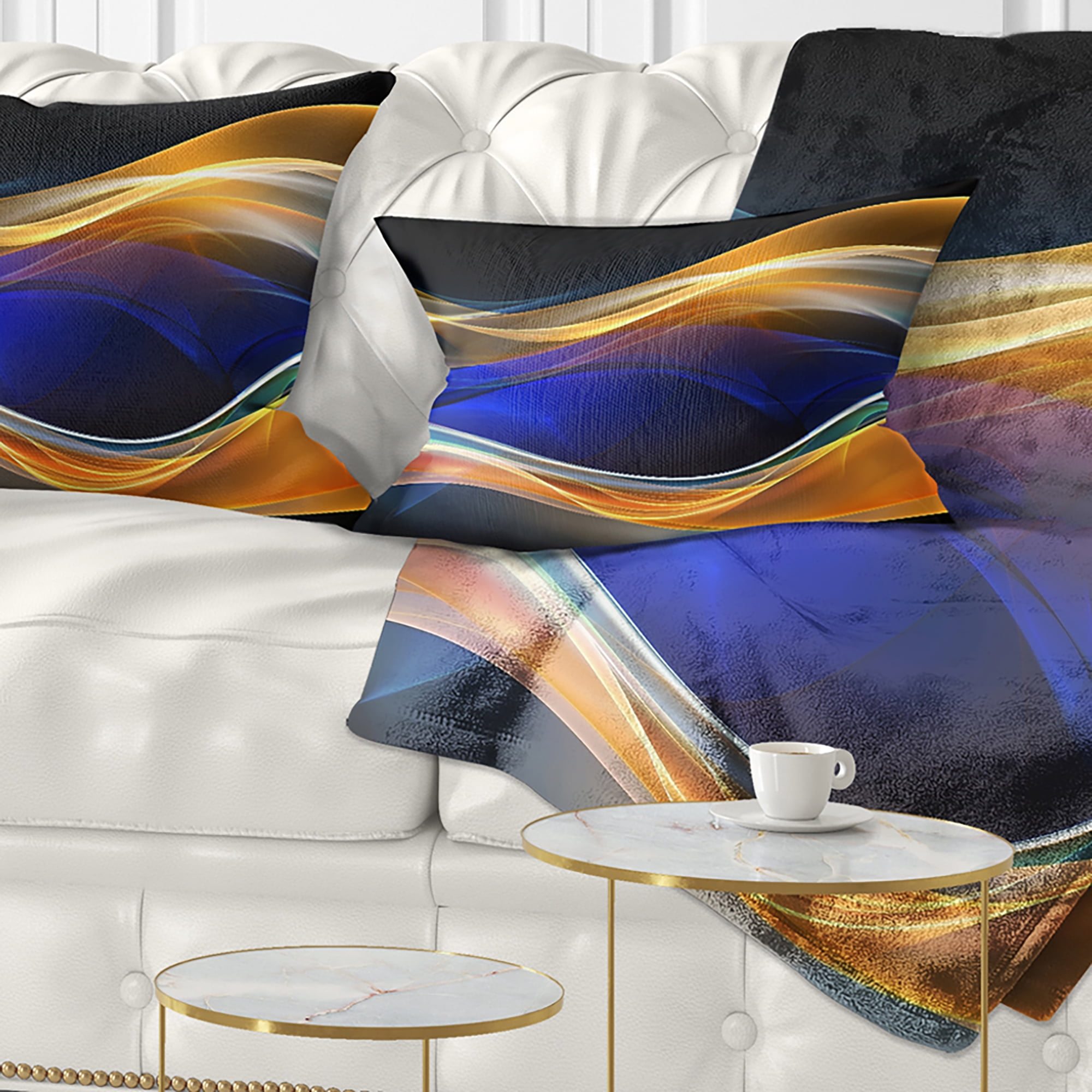 Designart 3D Gold Blue Wave Design - Abstract Throw Pillow - 12x20