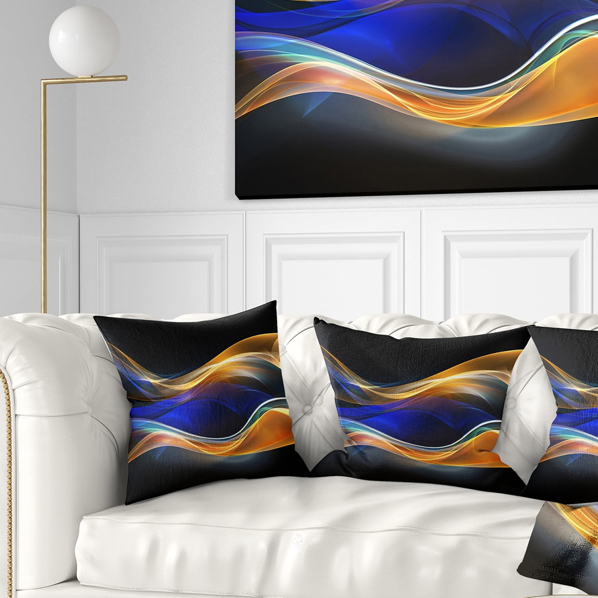Designart 3D Gold Blue Wave Design - Abstract Throw Pillow - 16x16