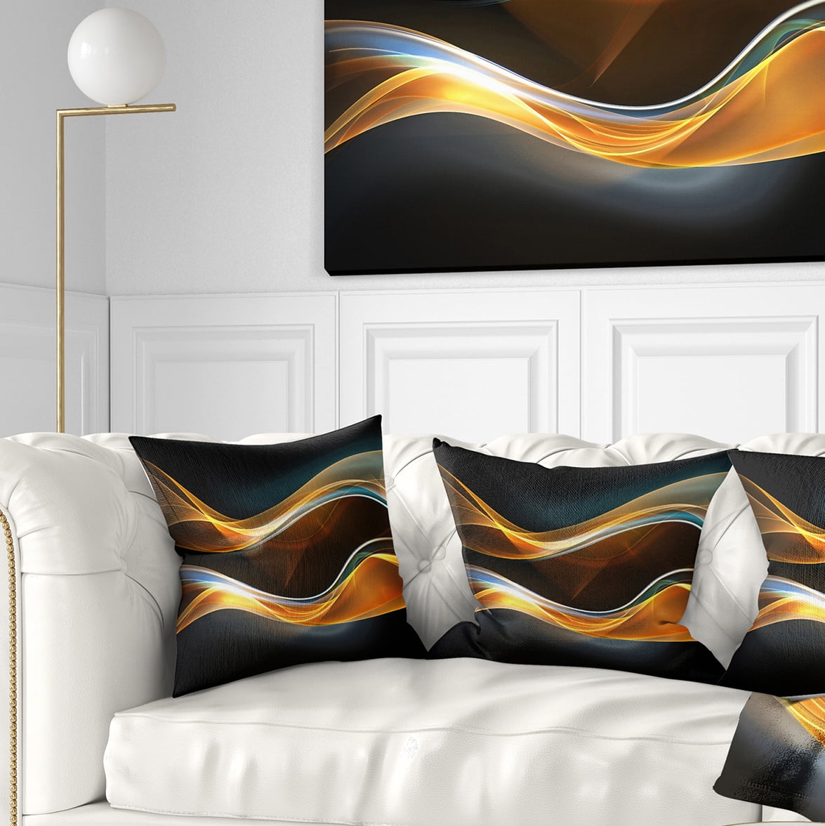Designart 3D Gold Waves in Black - Abstract Throw Pillow - 18x18