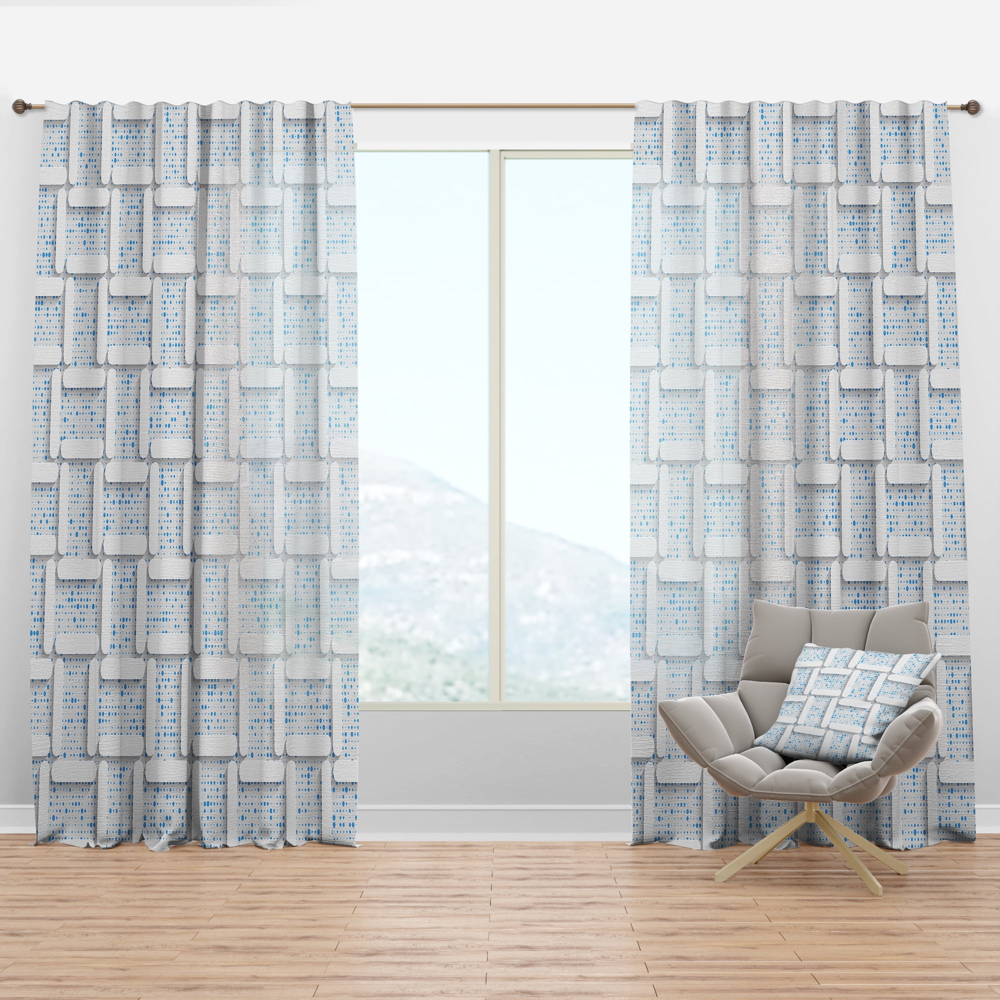 Designart '3D Light Blue and White Pattern I' Mid-Century Modern Curtain Panel