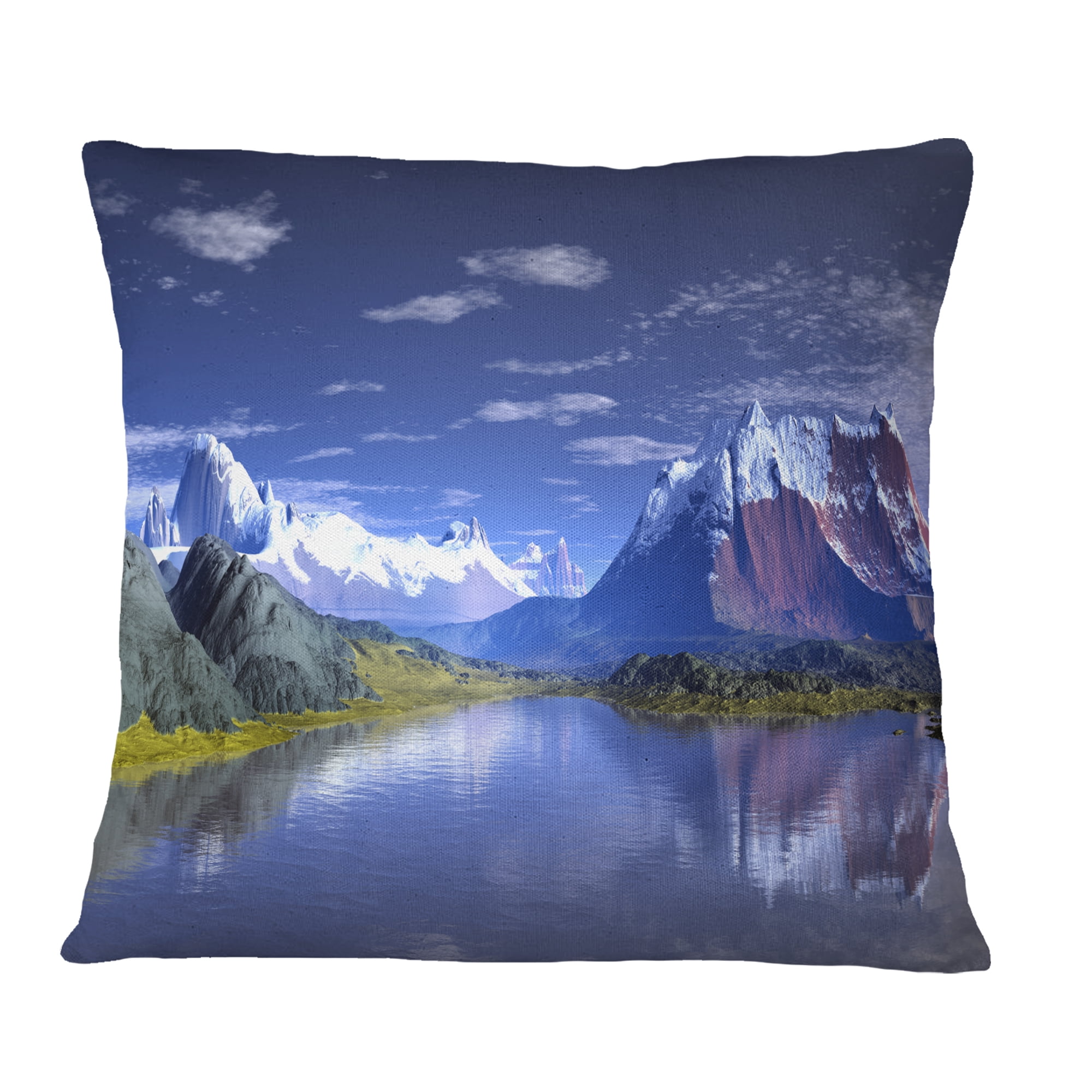 Designart 3D Rendered Mountains and Lake - Landscape Printed Throw Pillow - 16x16