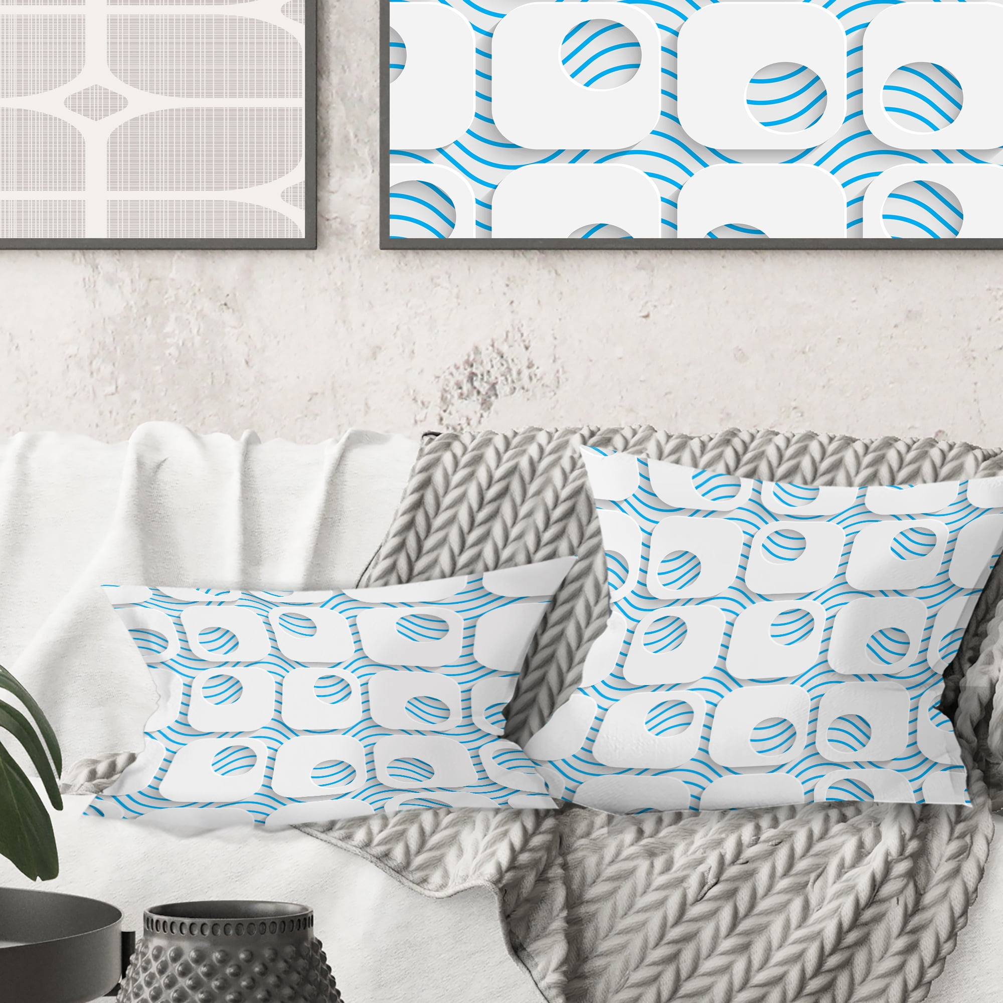 Designart 3D White And Blue Pattern III' Mid-Century Modern Throw Pillow - 16x16