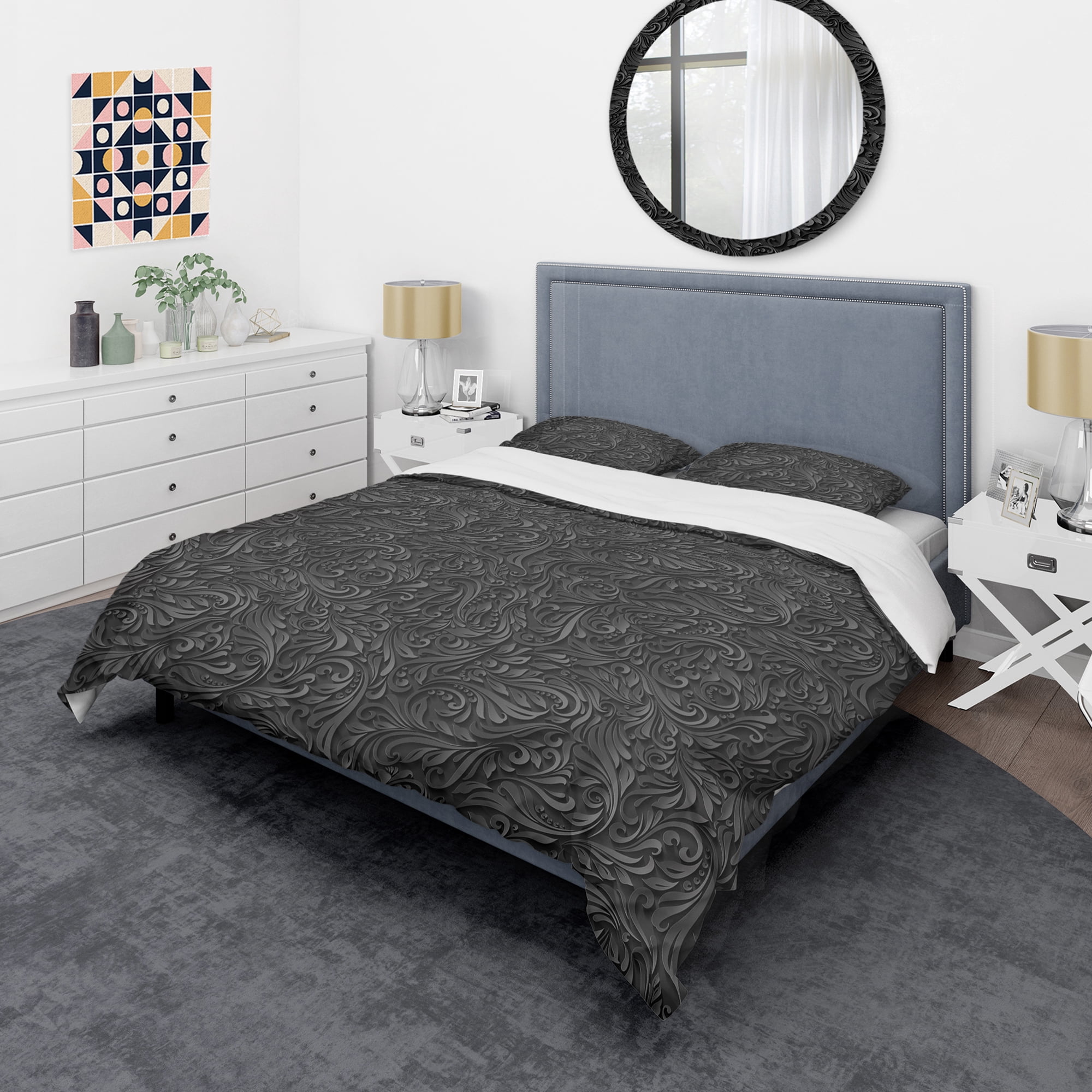 Designart '3D leaves in Shades of Black' Modern & Contemporary Duvet Cover Set
