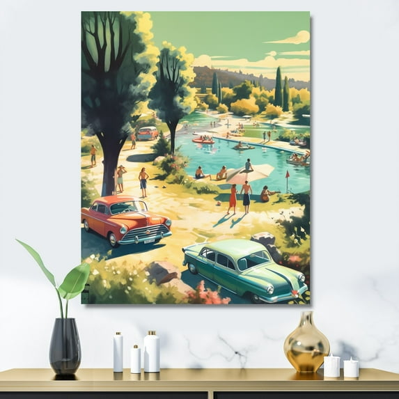 Designart "50'S Vintage Cars By The Beach II" Retro Car Wall Art Living Room
