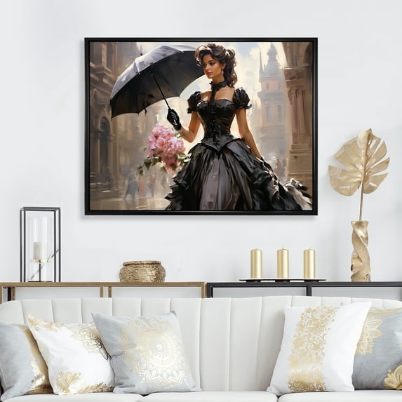 Designart "50s Charm Pink and Black Woman Portrait with Umbrella I" Fashion Framed Wall Art - Glam Pink Woman Victorian Hallway Framed Wall Art Decor