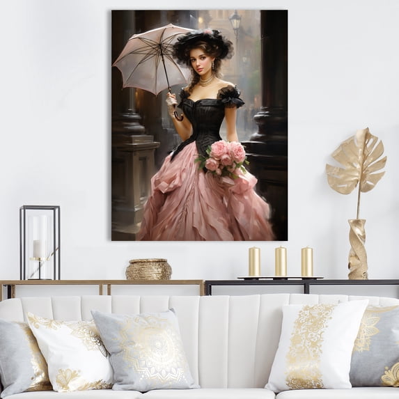 Designart "50s Charm Pink and Black Woman Portrait with Umbrella III" Fashion Canvas Wall Art - Glam Pink Woman Victorian Hallway Wall Art Decor
