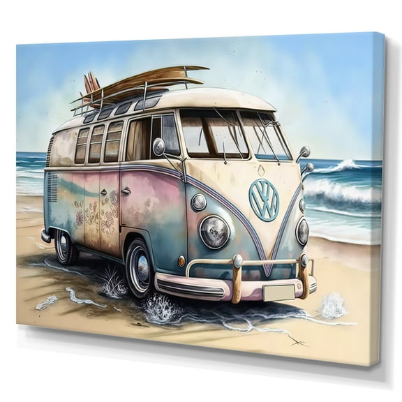 Designart 70S Surfing Van At The Beach I Canvas Wall Art