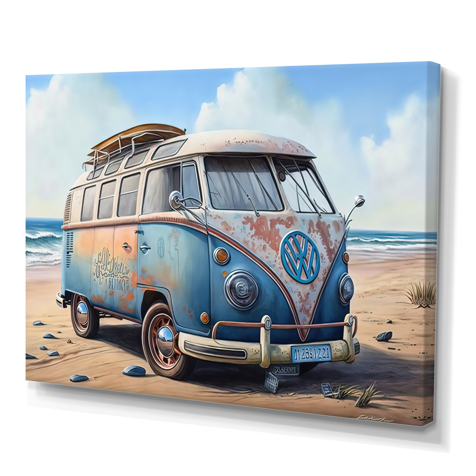 Designart 70S Surfing Van At The Beach III Canvas Wall Art
