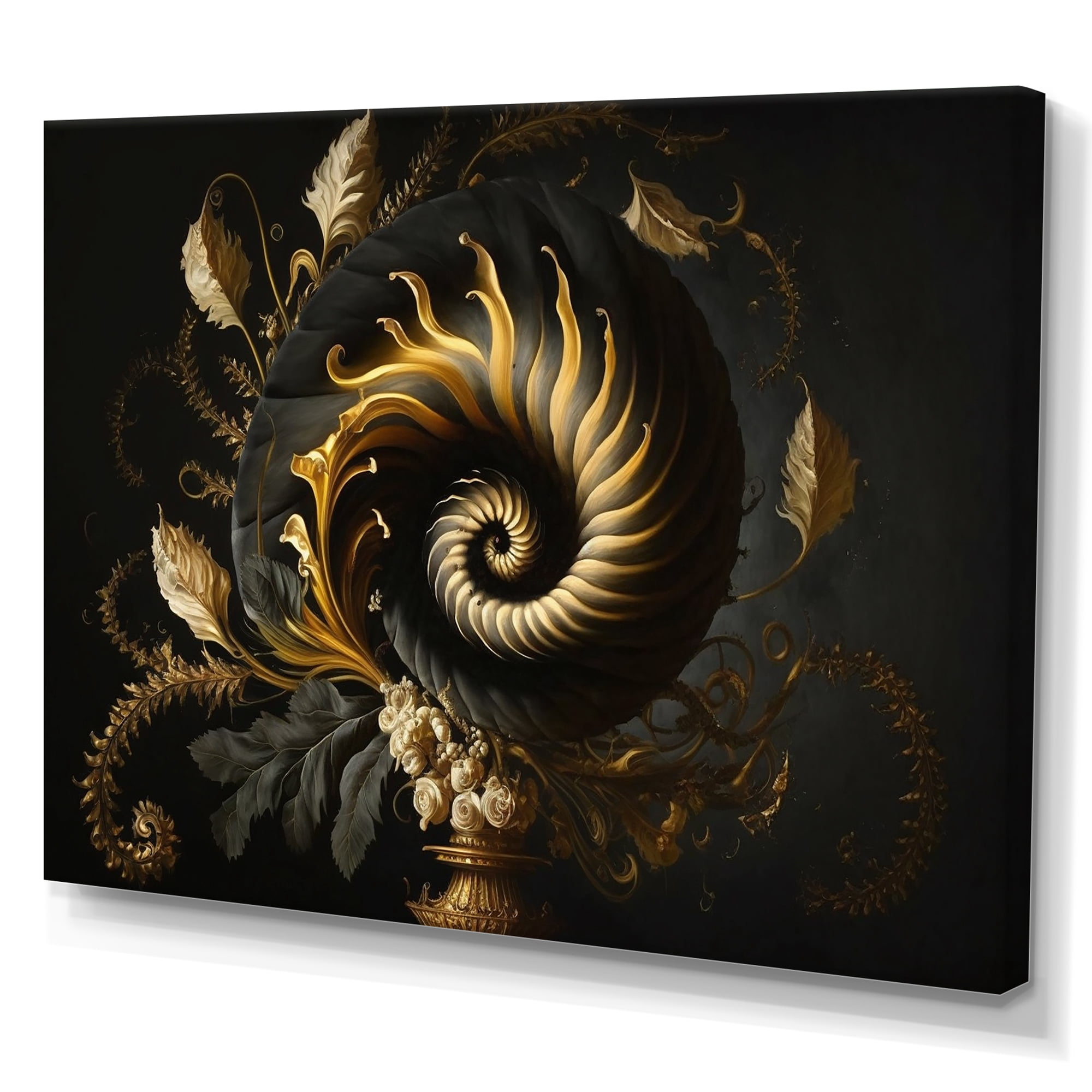 Designart A Black And Gold Spiral Flower I Canvas Wall Art