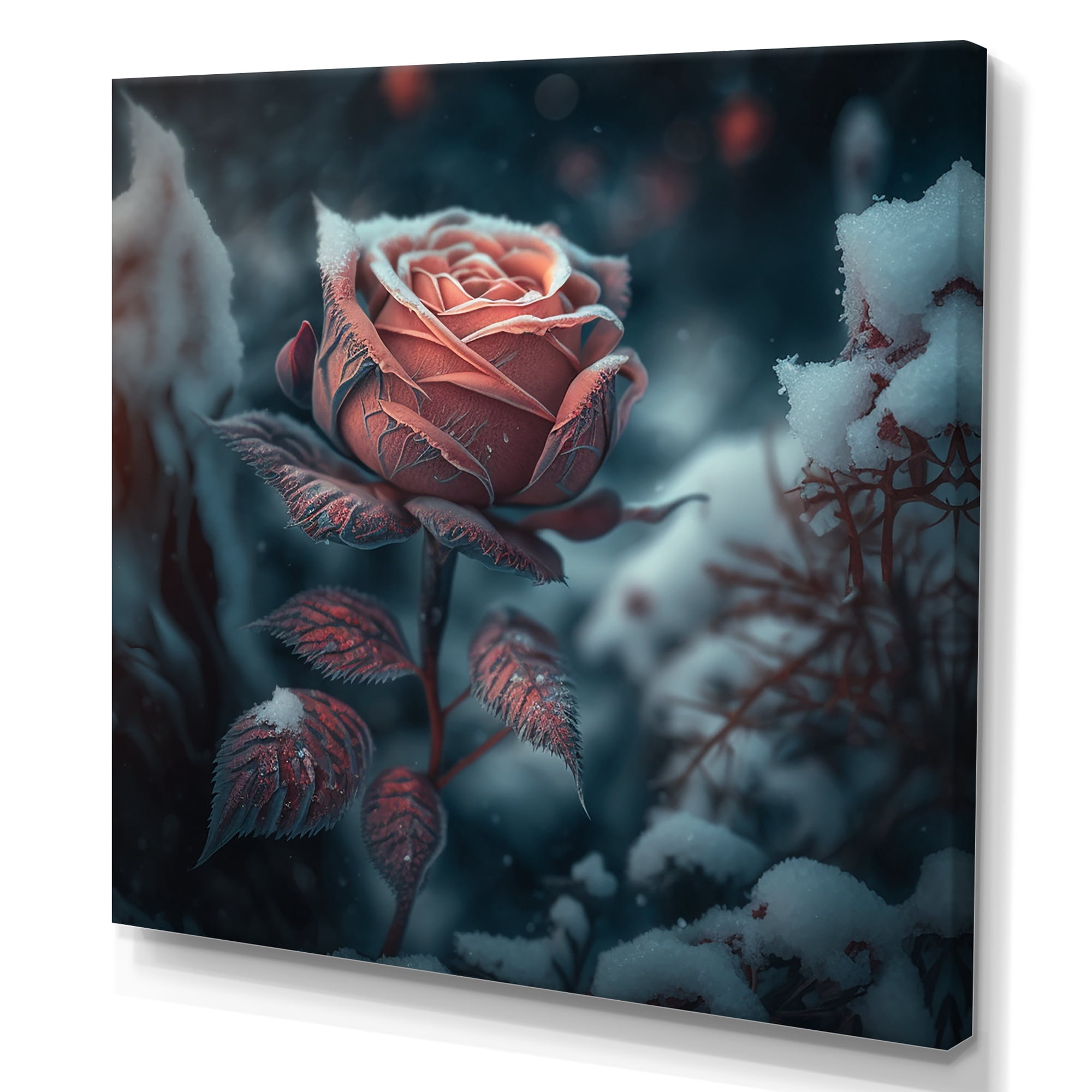 Designart A Blooming Pink Roses Flower In Winter Canvas Wall Art