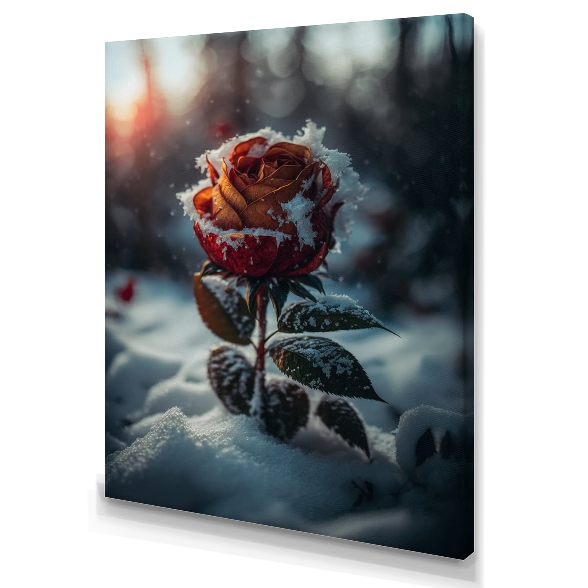 Designart A Blooming Red Rose Flower In Winter I Canvas Wall Art