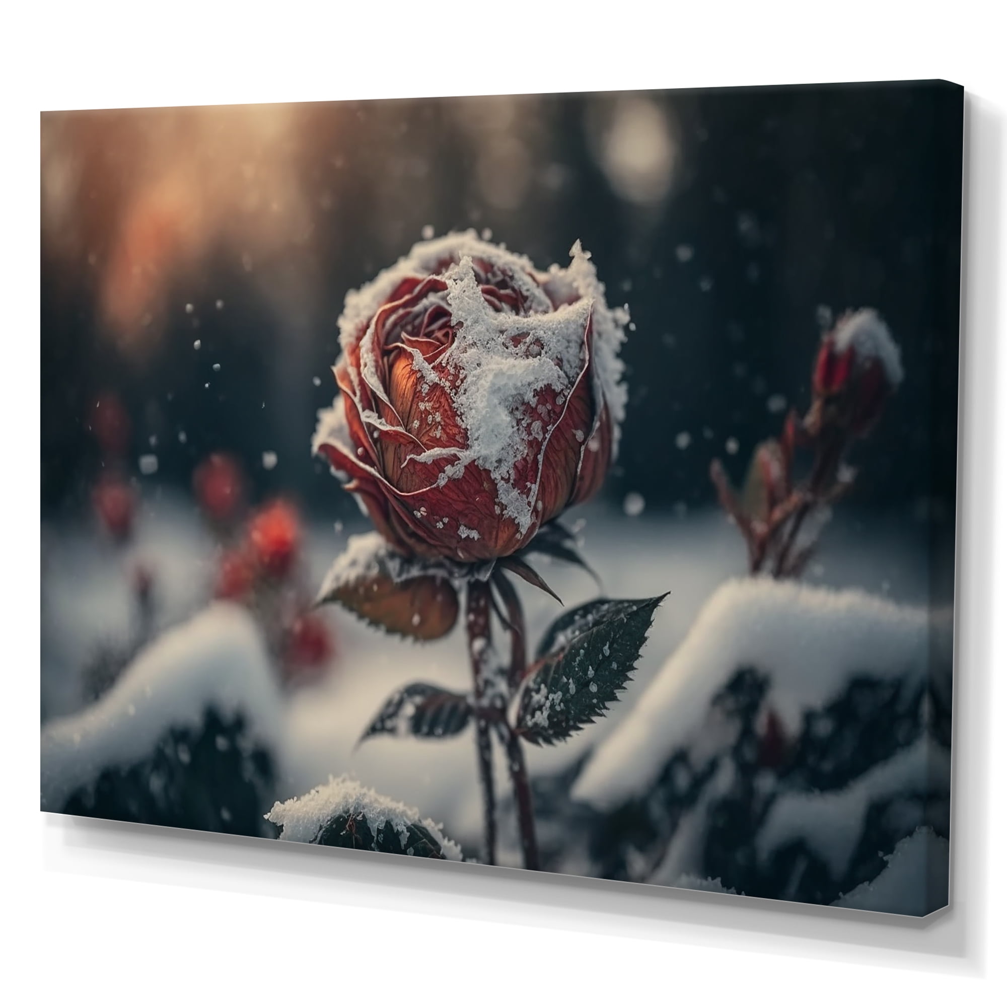 Designart A Blooming Red Rose Flower In Winter II Canvas Wall Art