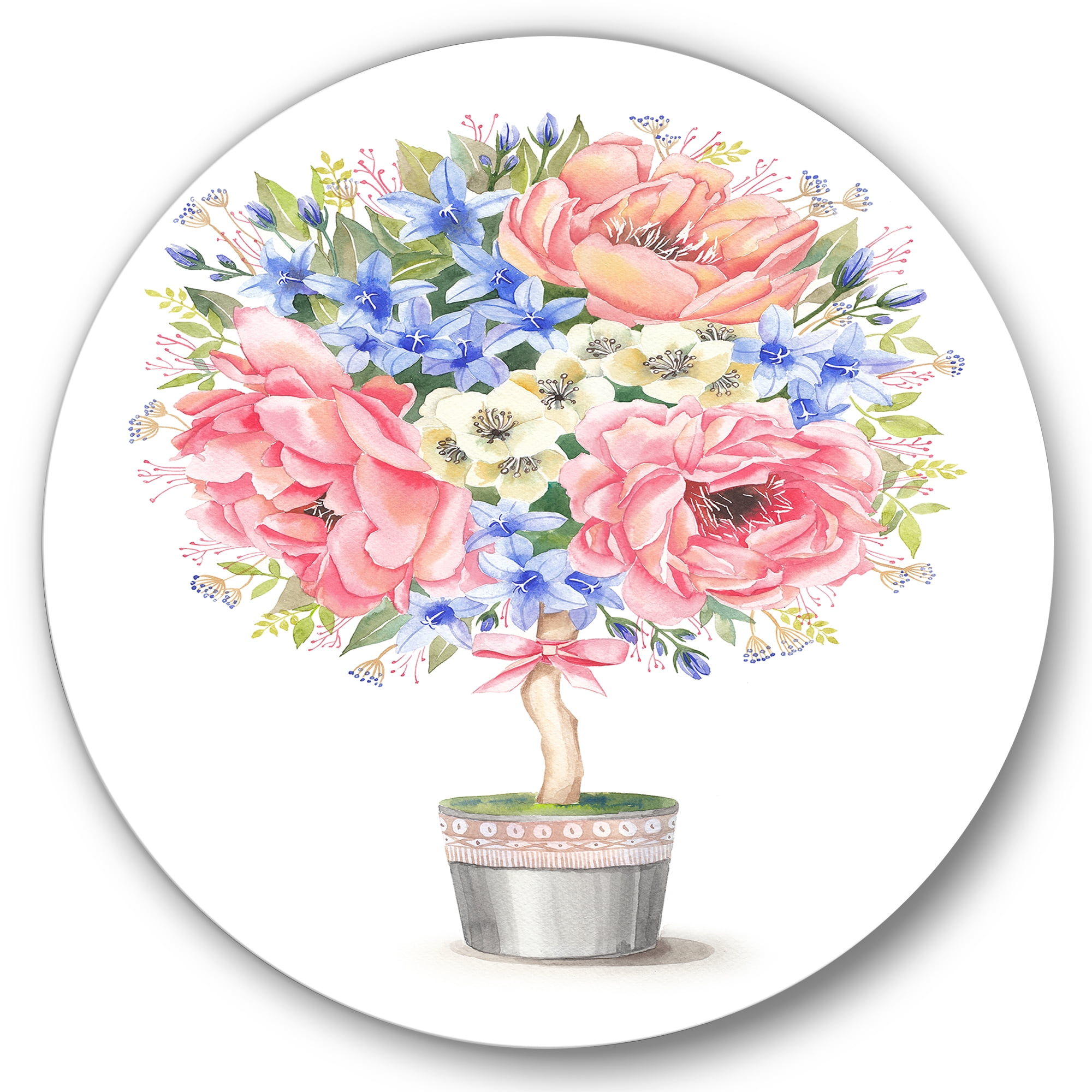 Designart 'A Bow With Flower Tree In A Pot' Farmhouse Circle Metal Wall Art 36x36 - Disc of 36
