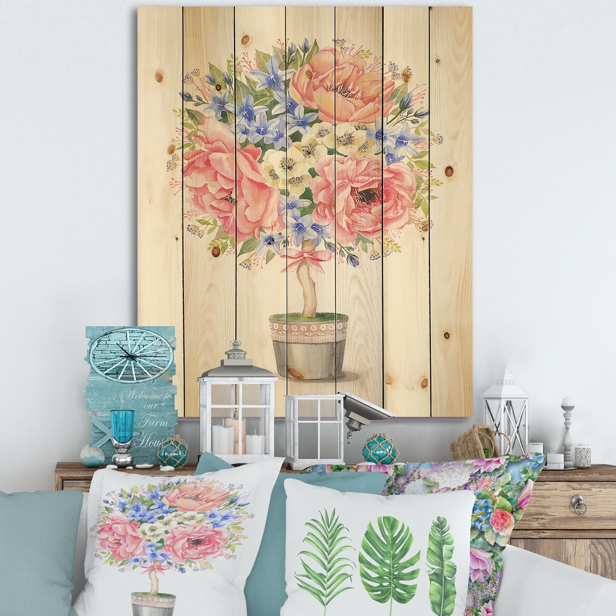 Designart 'A Bow With Flower Tree In A Pot' Farmhouse Print on Natural Pine Wood