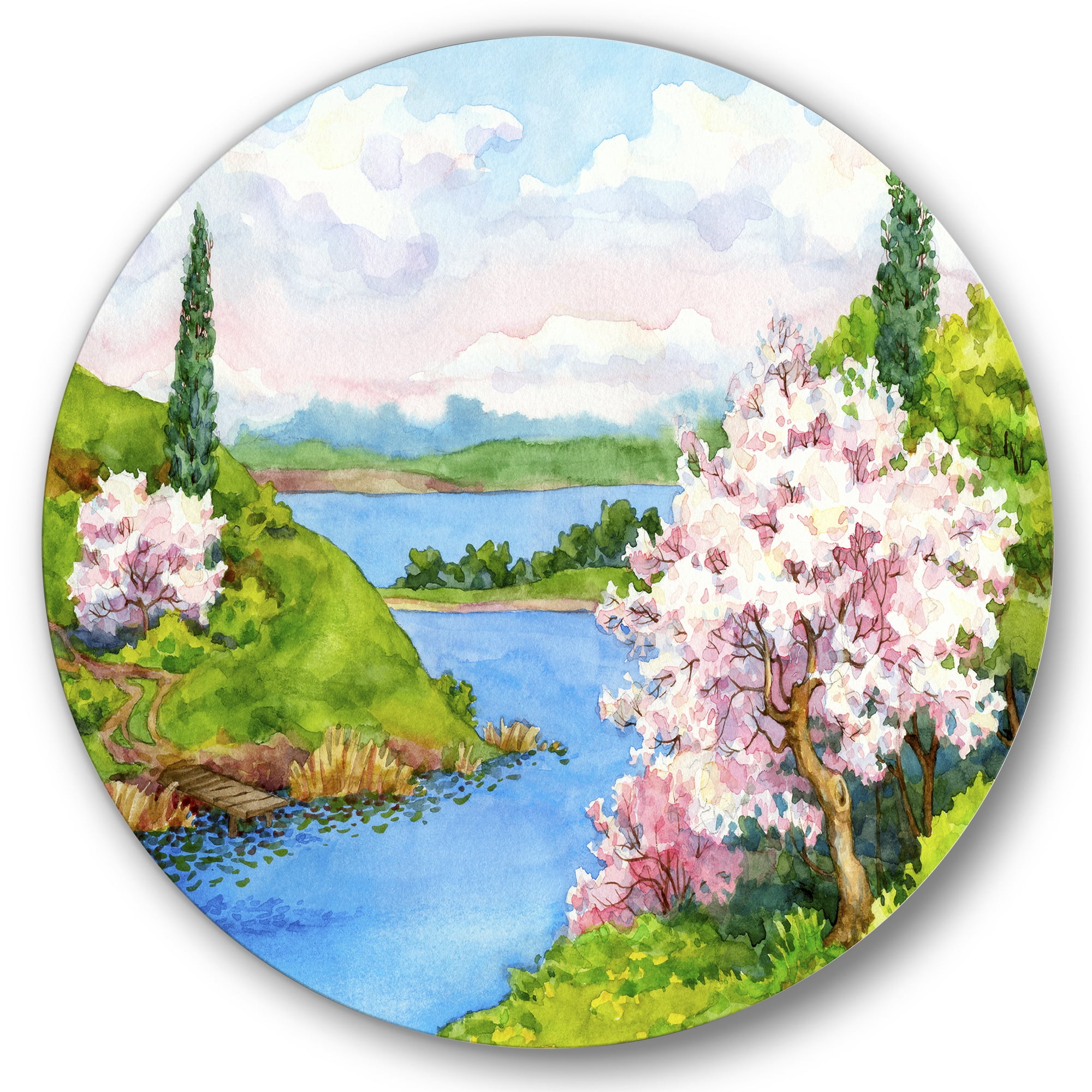 Designart 'A Bright Blue Sky Over Spring Landscape' Traditional Circle Metal Wall Art 36x36 - Disc of 36