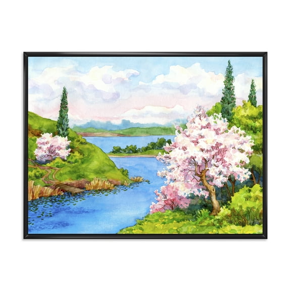Designart 'A Bright Blue Sky Over Spring Landscape' Traditional Framed Canvas Wall Art Print