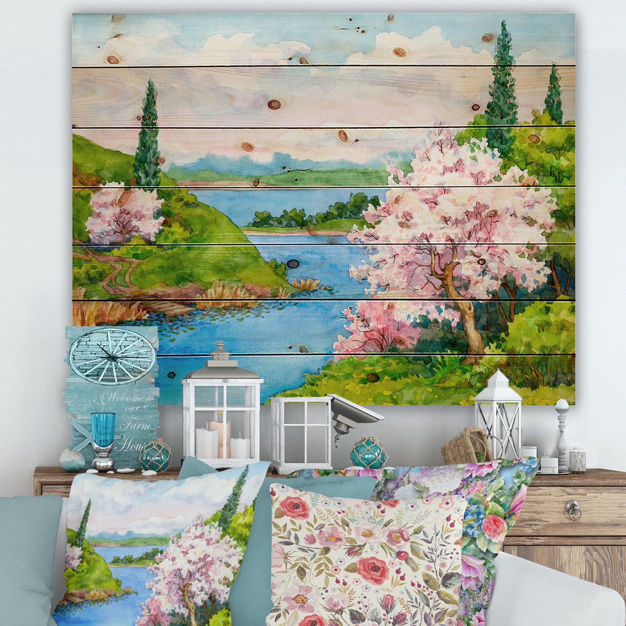 Designart 'A Bright Blue Sky Over Spring Landscape' Traditional Print on Natural Pine Wood