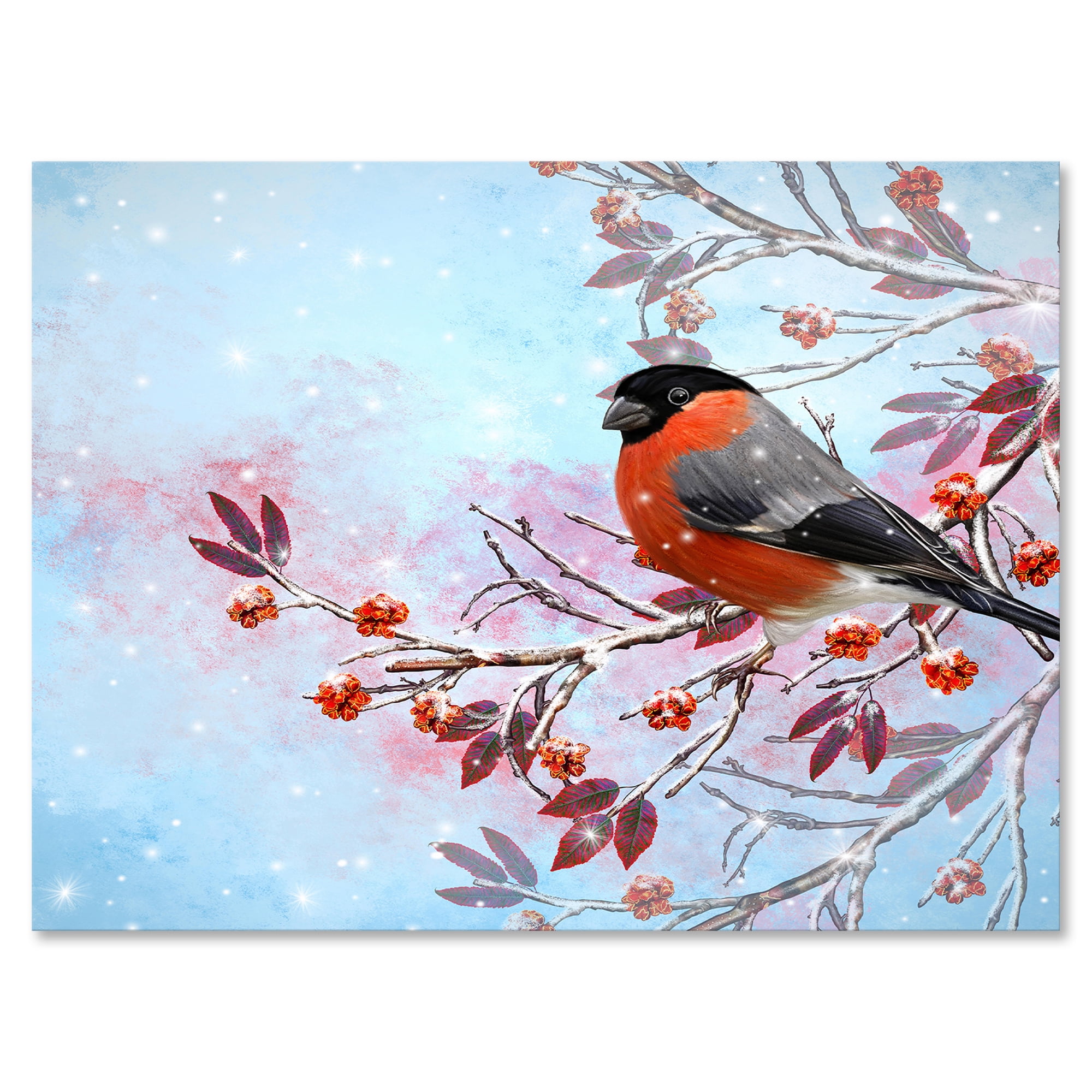 Designart ' A Bright Bullfinch Bird Sitting On A Branch ' Traditional Canvas Wall Art Print