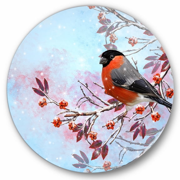 Designart 'A Bright Bullfinch Bird Sitting On A Branch' Traditional Circle Metal Wall Art 29x29 - Disc of 29