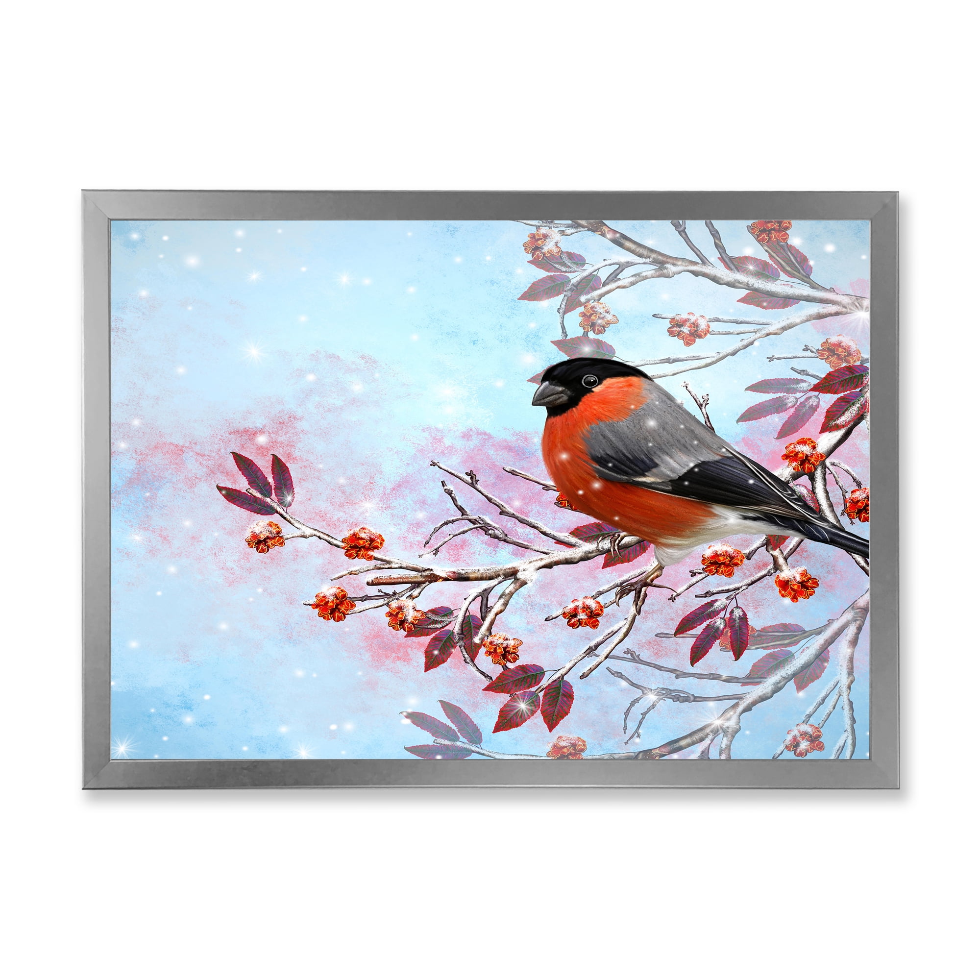 Designart 'A Bright Bullfinch Bird Sitting On A Branch' Traditional Framed Art Print