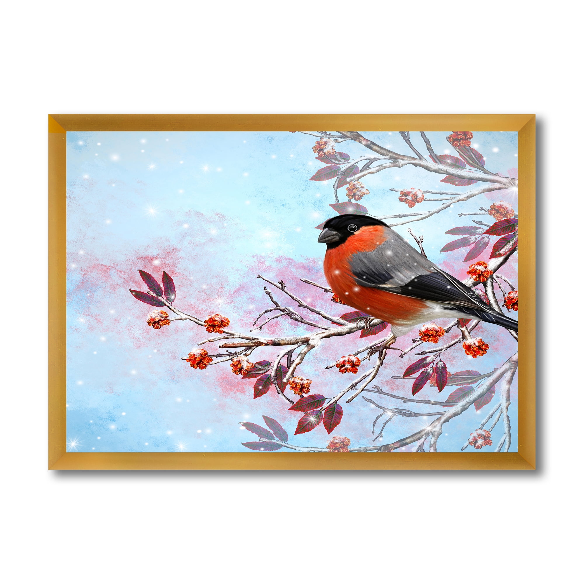 Designart 'A Bright Bullfinch Bird Sitting On A Branch' Traditional Framed Art Print