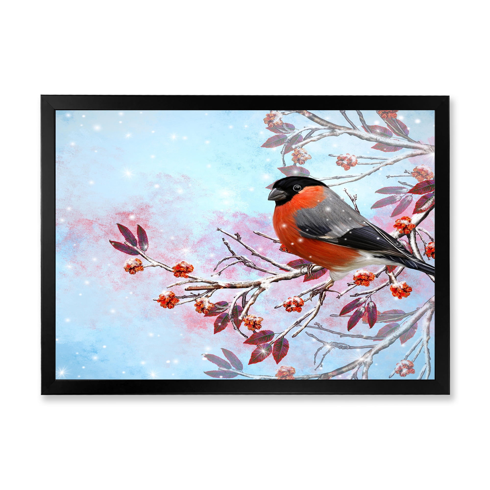 Designart 'A Bright Bullfinch Bird Sitting On A Branch' Traditional Framed Art Print