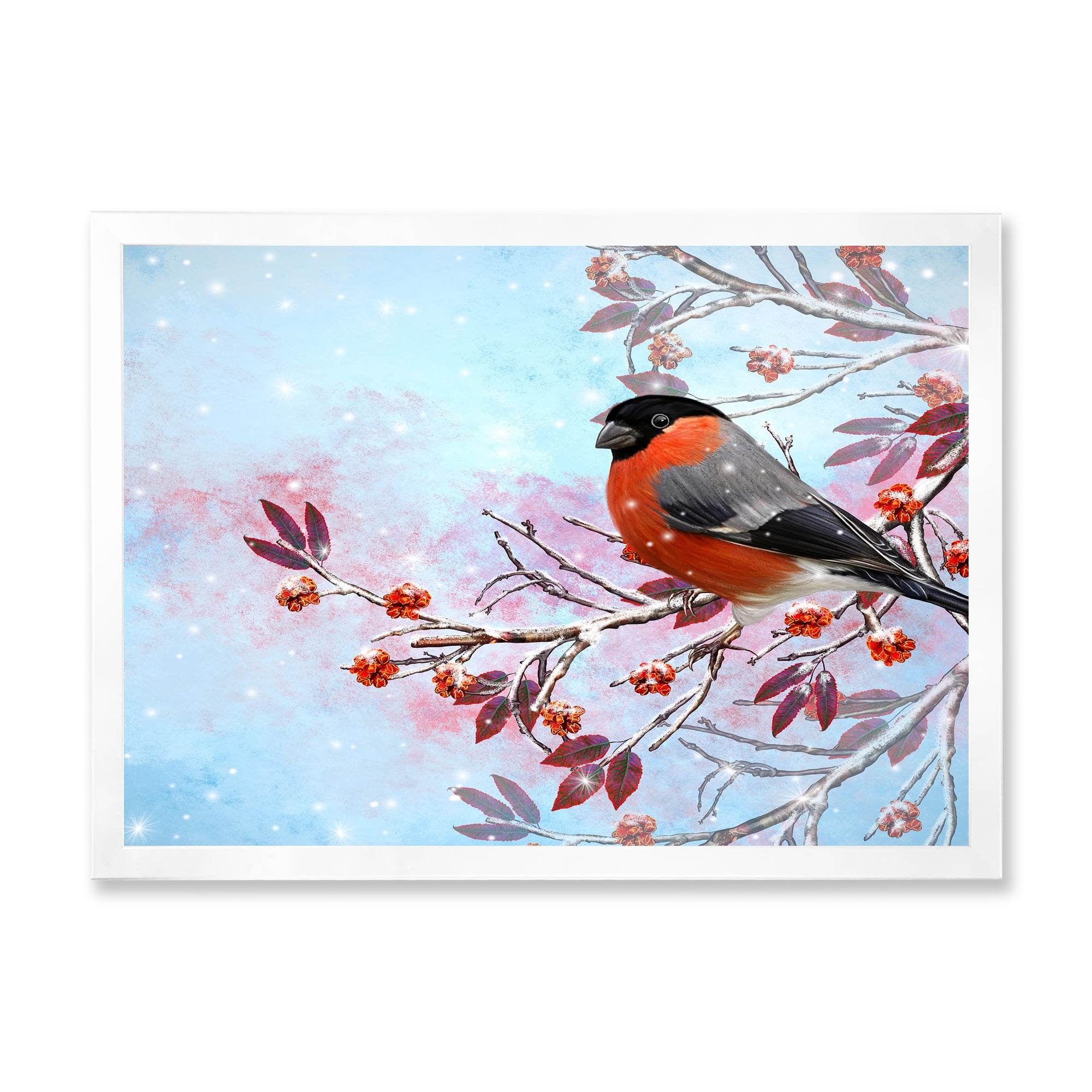 Designart 'A Bright Bullfinch Bird Sitting On A Branch' Traditional Framed Art Print