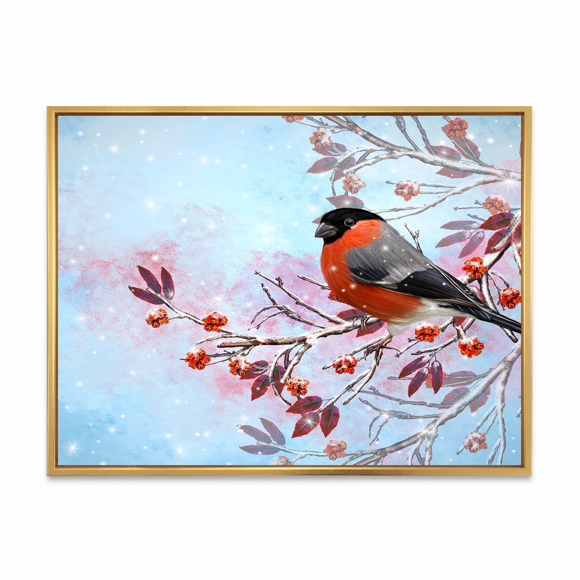 Designart 'A Bright Bullfinch Bird Sitting On A Branch' Traditional Framed Canvas Wall Art Print