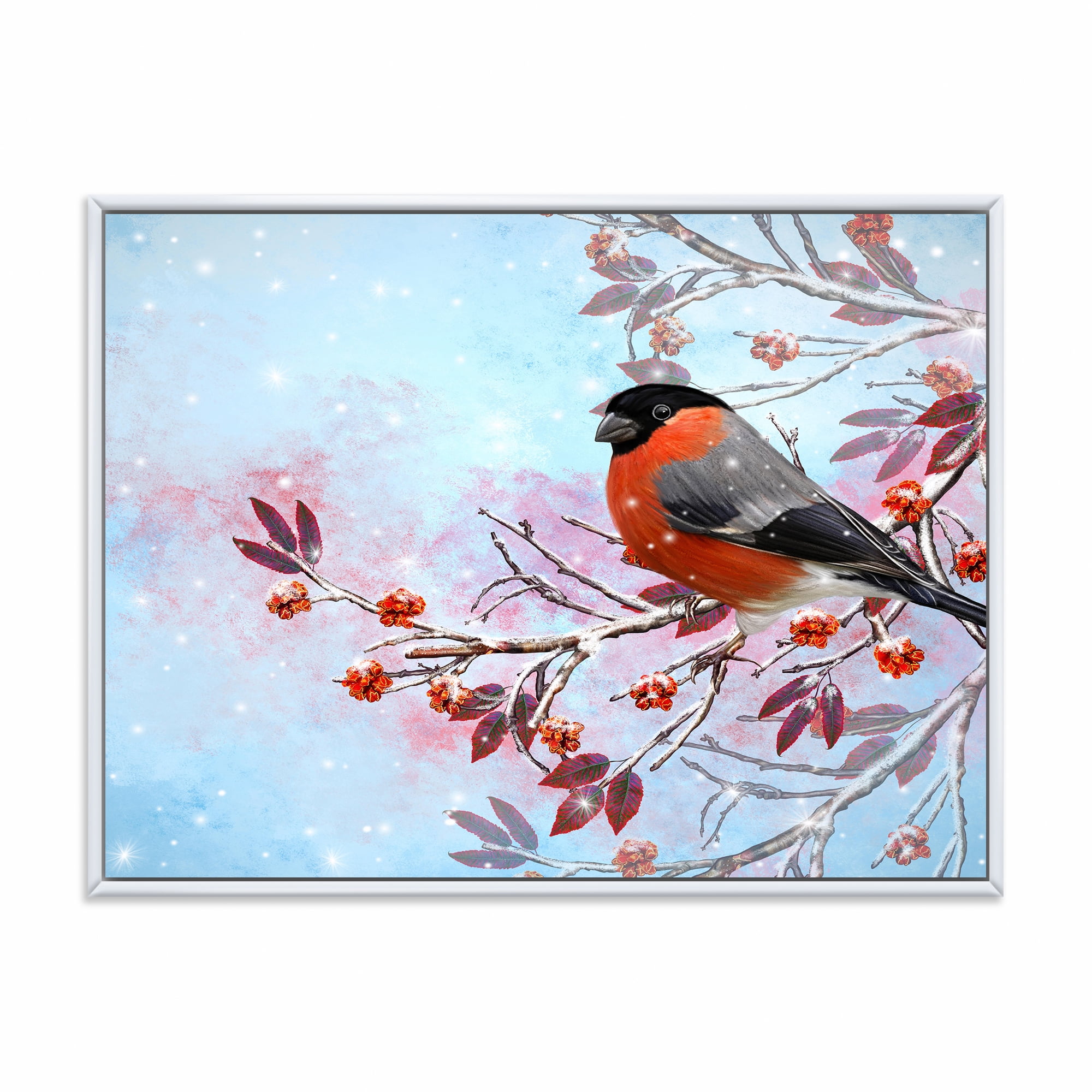 Designart 'A Bright Bullfinch Bird Sitting On A Branch' Traditional Framed Canvas Wall Art Print