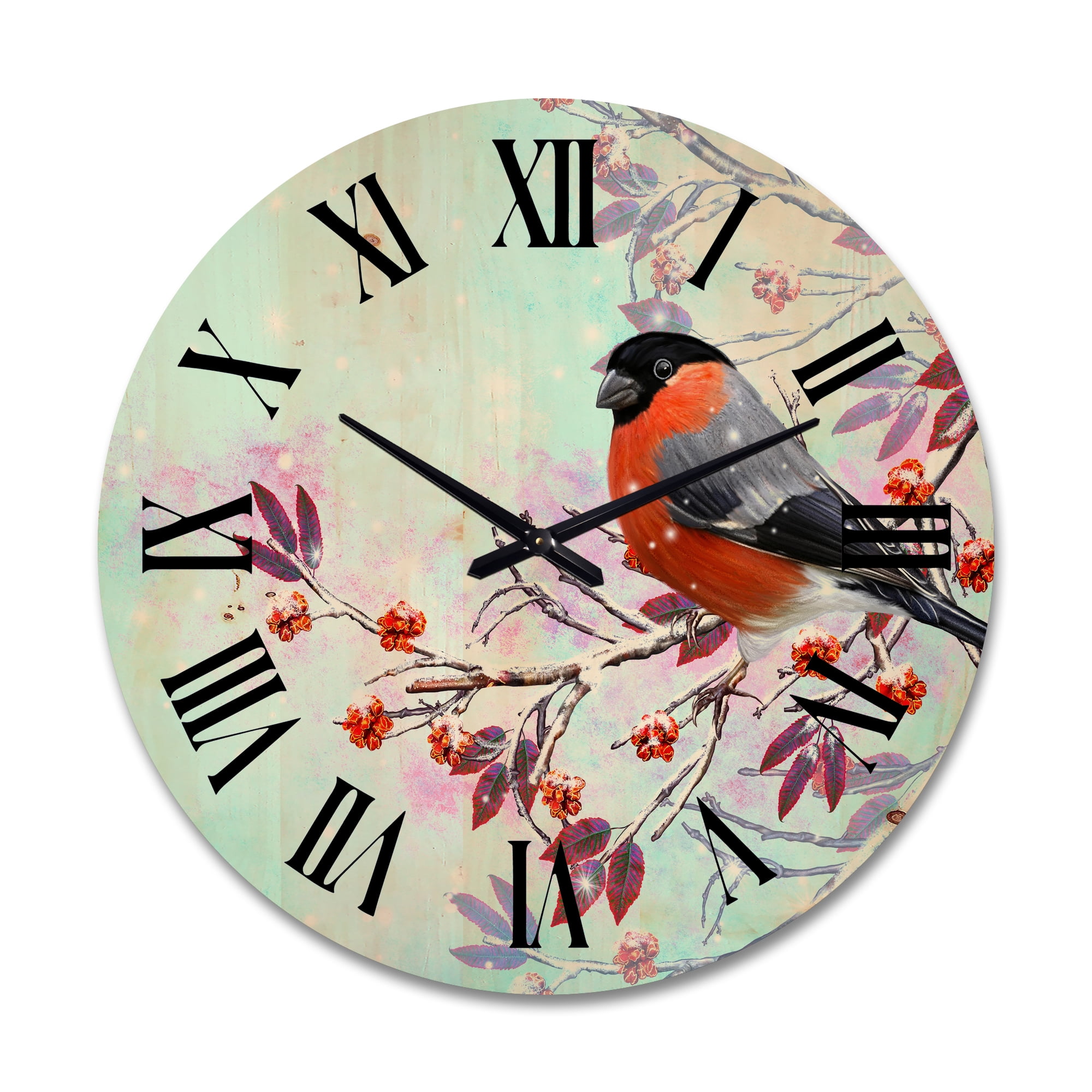 Designart 'A Bright Bullfinch Bird Sitting On A Branch' Traditional Wood Wall Clock