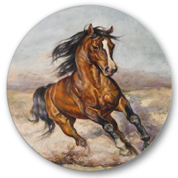 Designart 'A Brown Horse In The Race' Farmhouse Circle Metal Wall Art 36x36 - Disc of 36