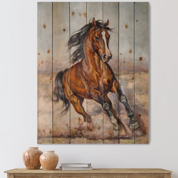 Designart 'A Brown Horse In The Race' Farmhouse Print on Natural Pine Wood