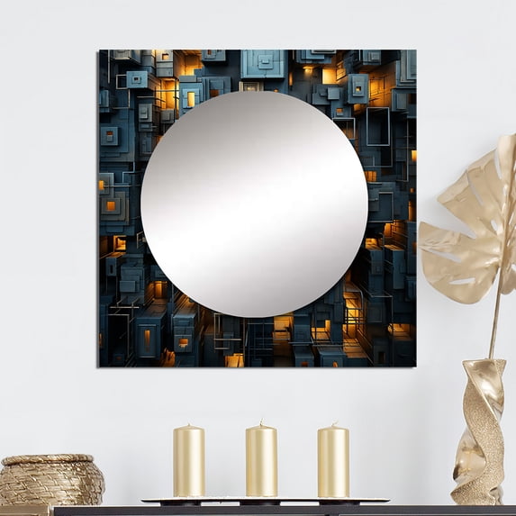 Designart "A Cityscape With Skyscrapers Resembling Copper Canyons" Skyscrapers Square Mirror For Wall Decor - Large Blue Square Printed Wall Mirror Art - Wall Mounted Square Mirror
