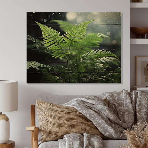 Designart "A Close Up Photo of Ferns IV" Floral Print on Natural Pine Wood