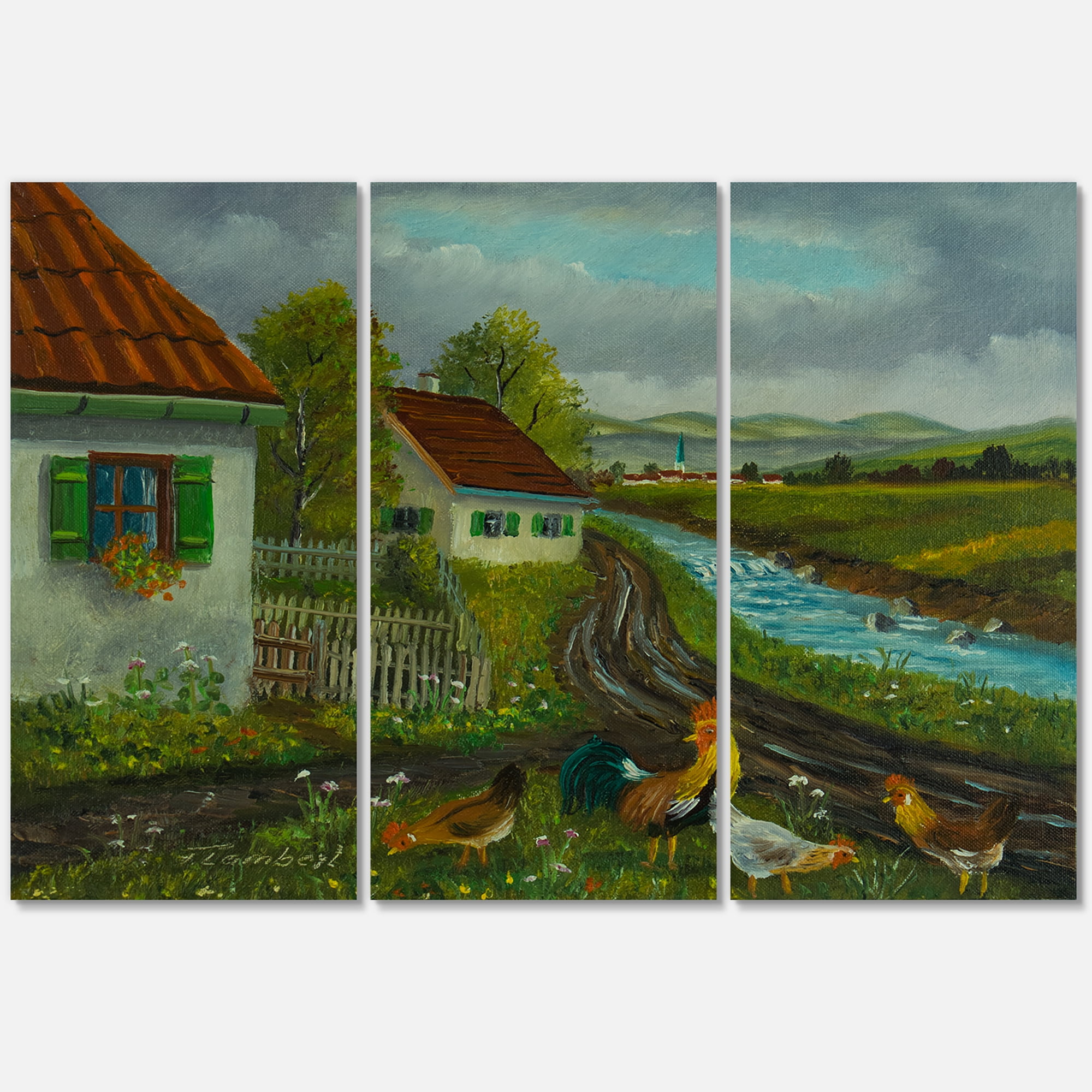 Designart ' A Cock and Three Chickens In A Meadow With Flowers ' Farmhouse Canvas Wall Art Print