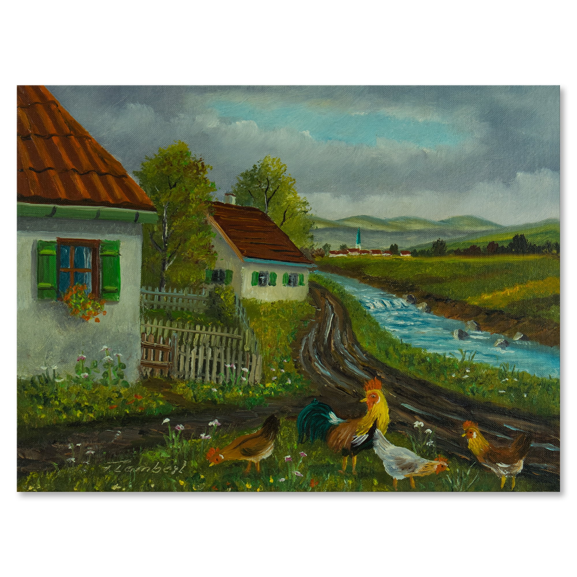 Designart ' A Cock and Three Chickens In A Meadow With Flowers ' Farmhouse Canvas Wall Art Print