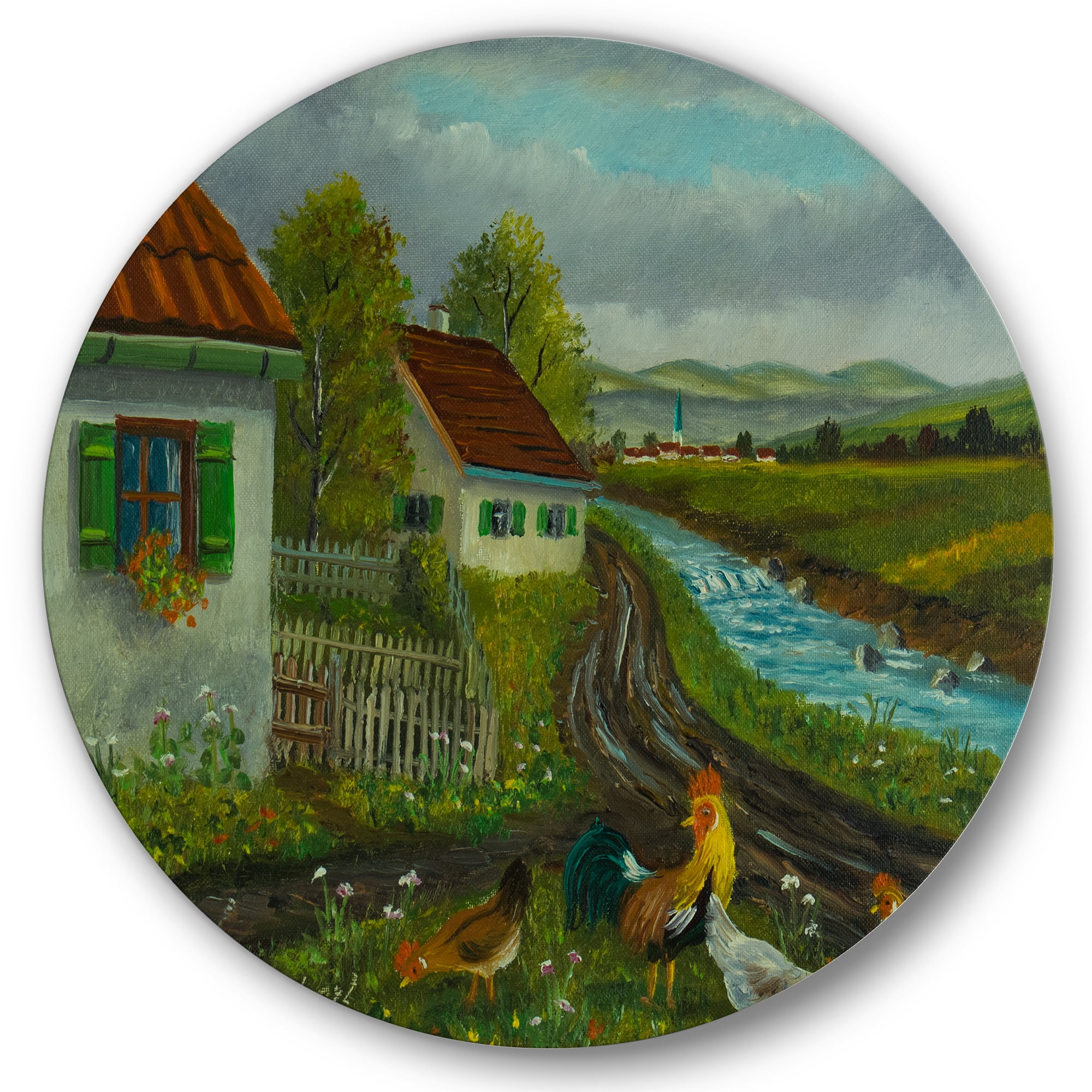 Designart 'A Cock and Three Chickens In A Meadow With Flowers' Farmhouse Circle Metal Wall Art 29x29 - Disc of 29