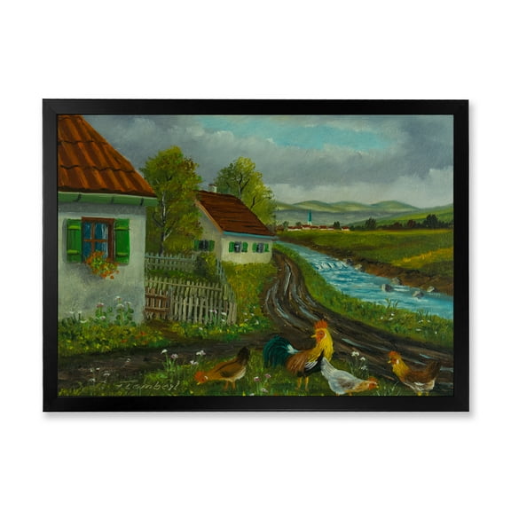 Designart 'A Cock and Three Chickens In A Meadow With Flowers' Farmhouse Framed Art Print