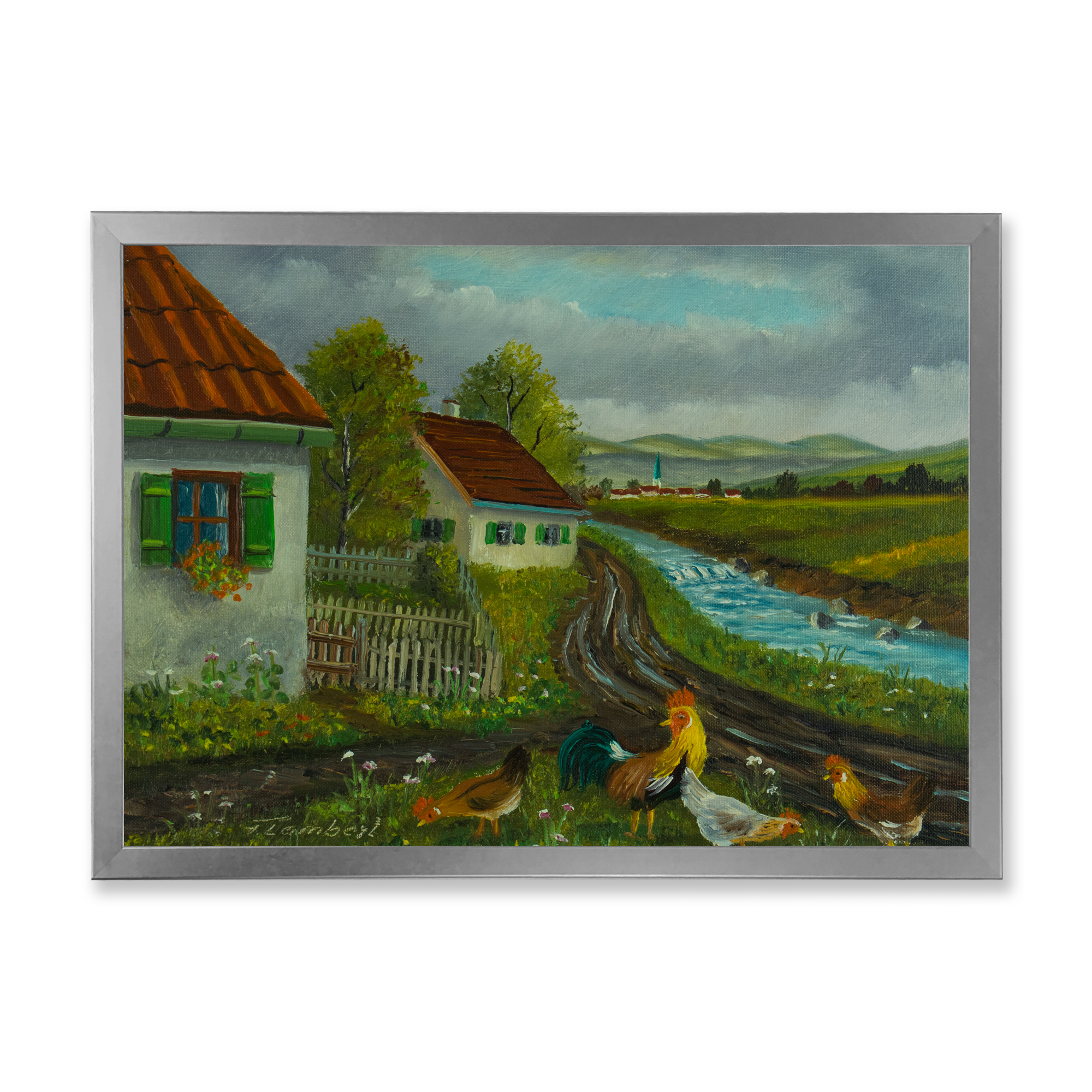 Designart 'A Cock and Three Chickens In A Meadow With Flowers' Farmhouse Framed Art Print