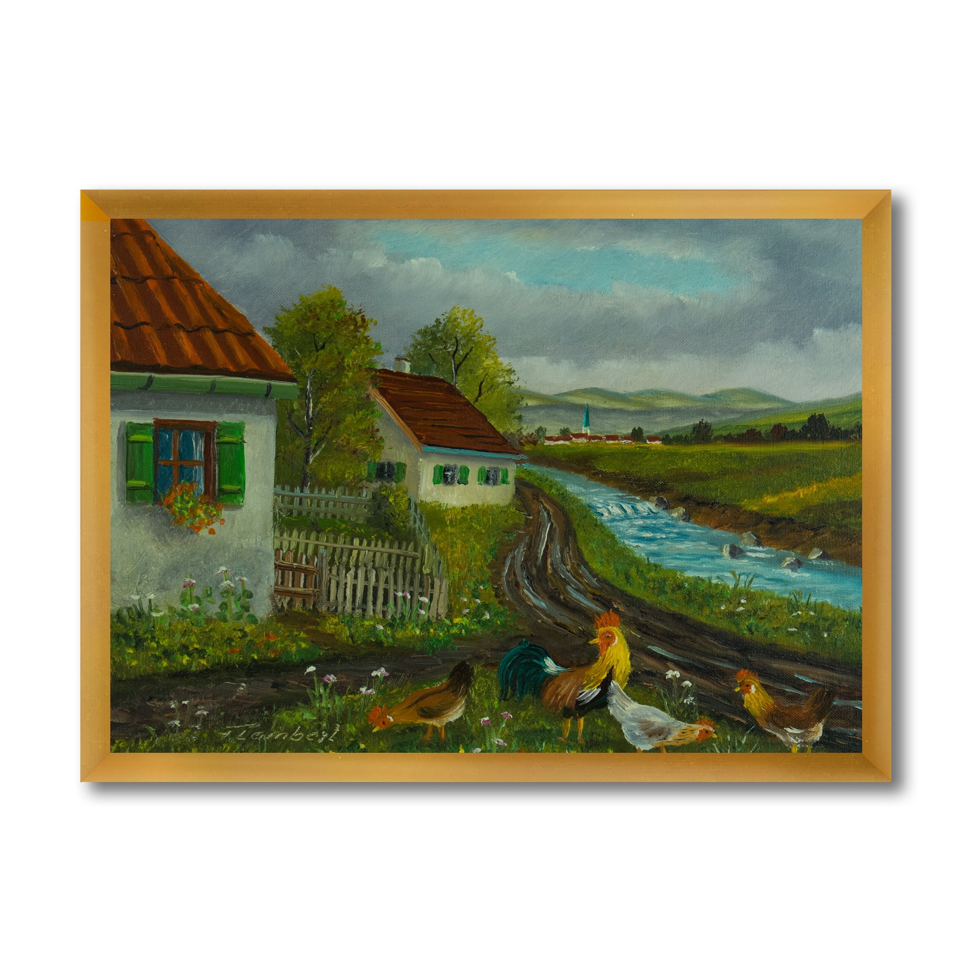 Designart 'A Cock and Three Chickens In A Meadow With Flowers' Farmhouse Framed Art Print