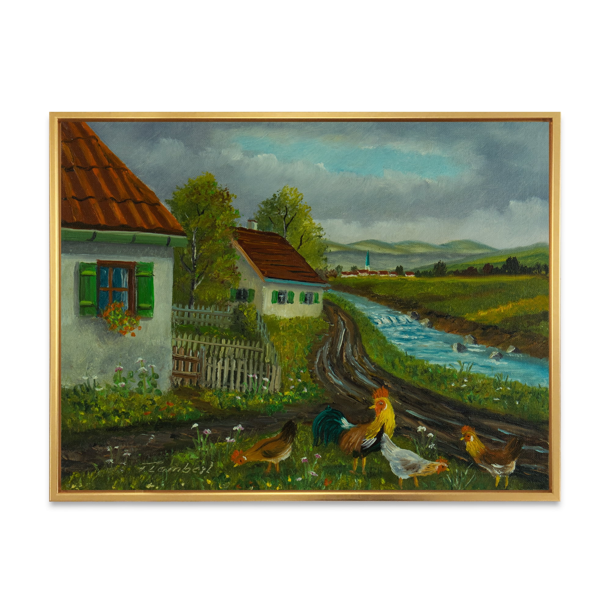Designart 'A Cock and Three Chickens In A Meadow With Flowers' Farmhouse Framed Canvas Wall Art Print