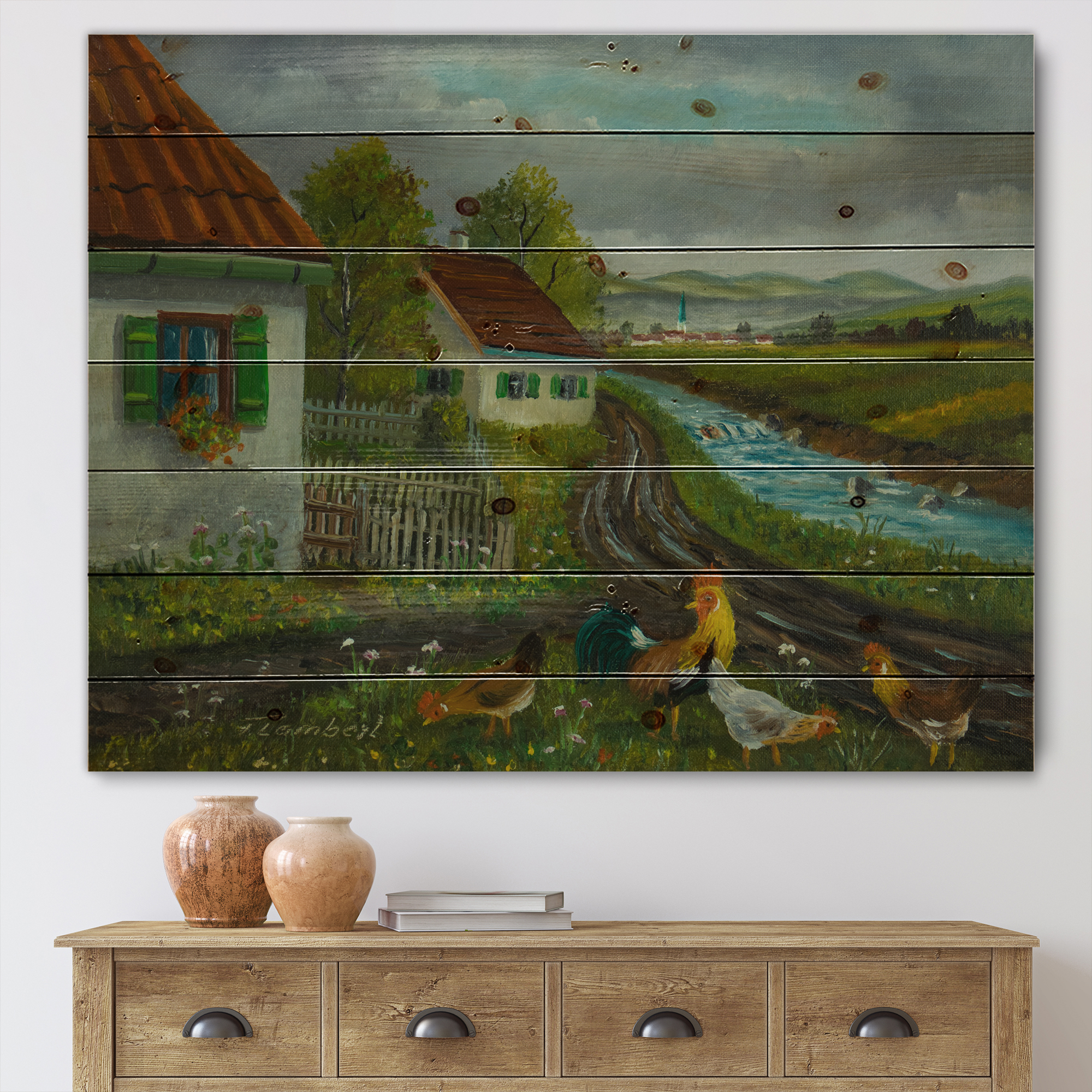 Designart 'A Cock and Three Chickens In A Meadow With Flowers' Farmhouse Print on Natural Pine Wood