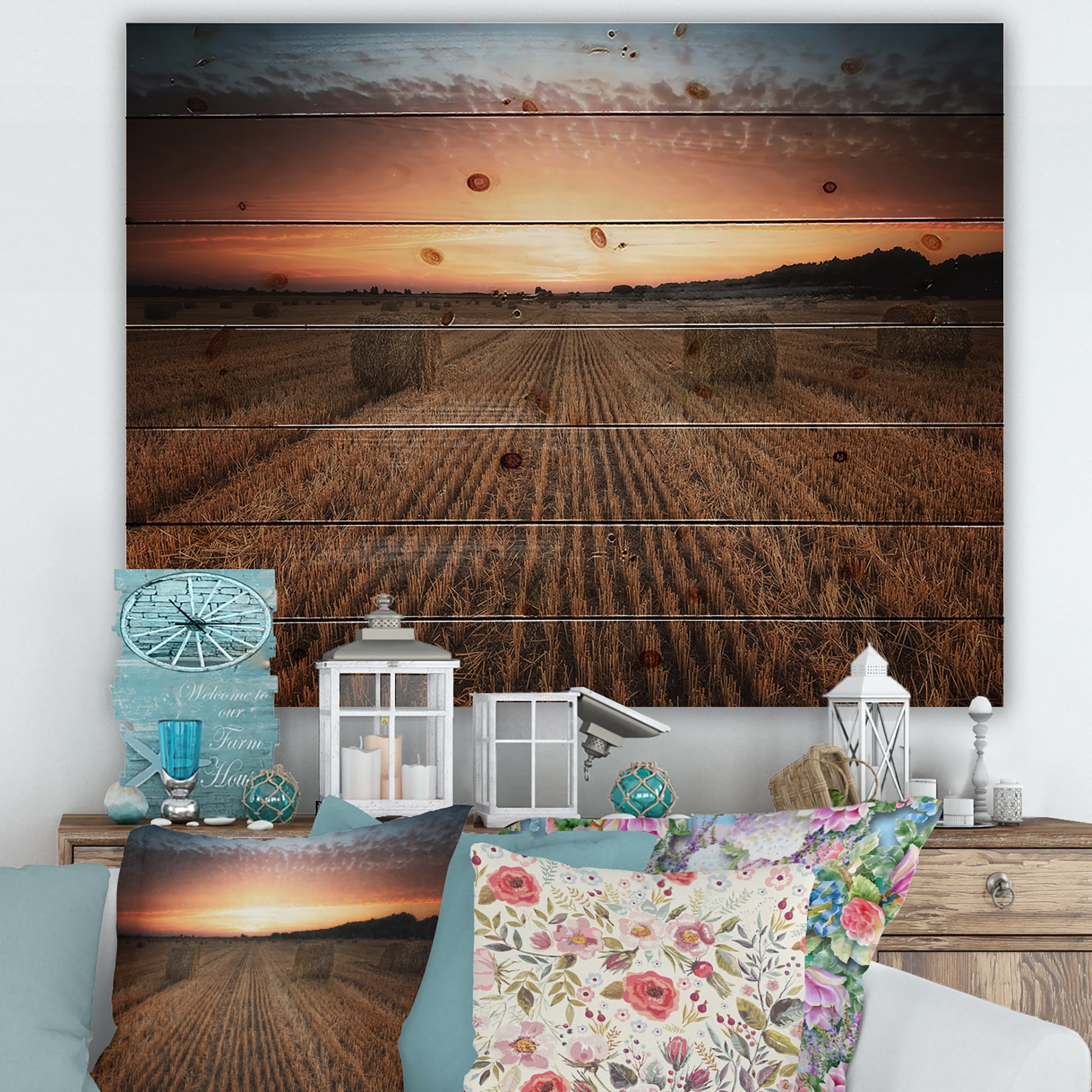 Designart 'A Field Full of Hay Bales At Sunset Landscape' Farmhouse Print on Natural Pine Wood