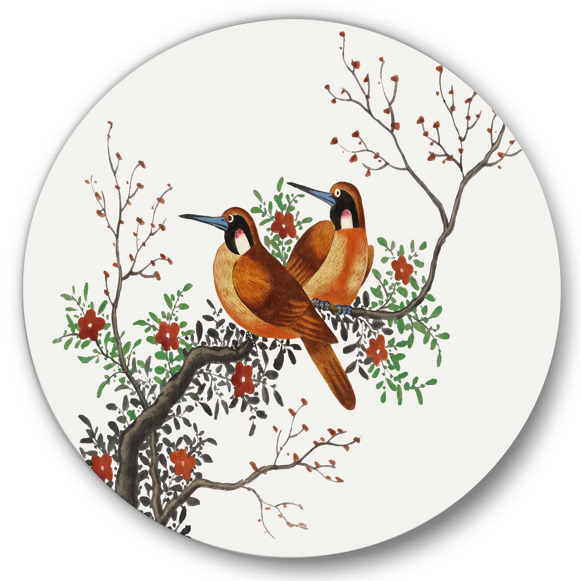 Designart 'A Flowering Tree Branch With Two Chinese Birds' Traditional Circle Metal Wall Art 11x11 - Disc of 11